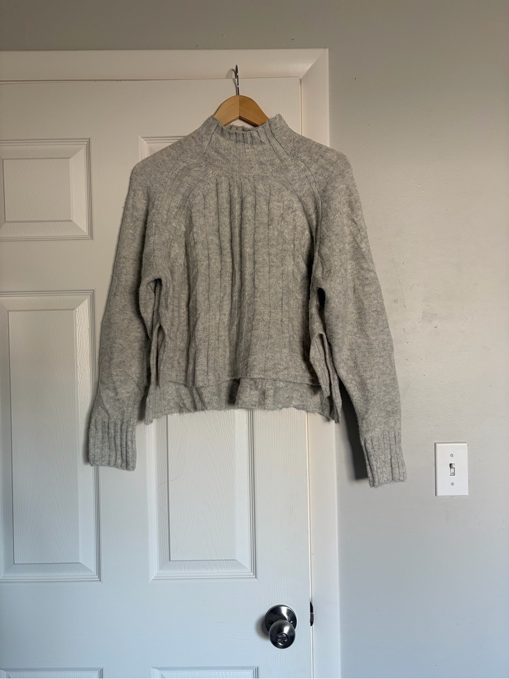 Roolee Heather Light Gray Mock Neck Cable Sweater
